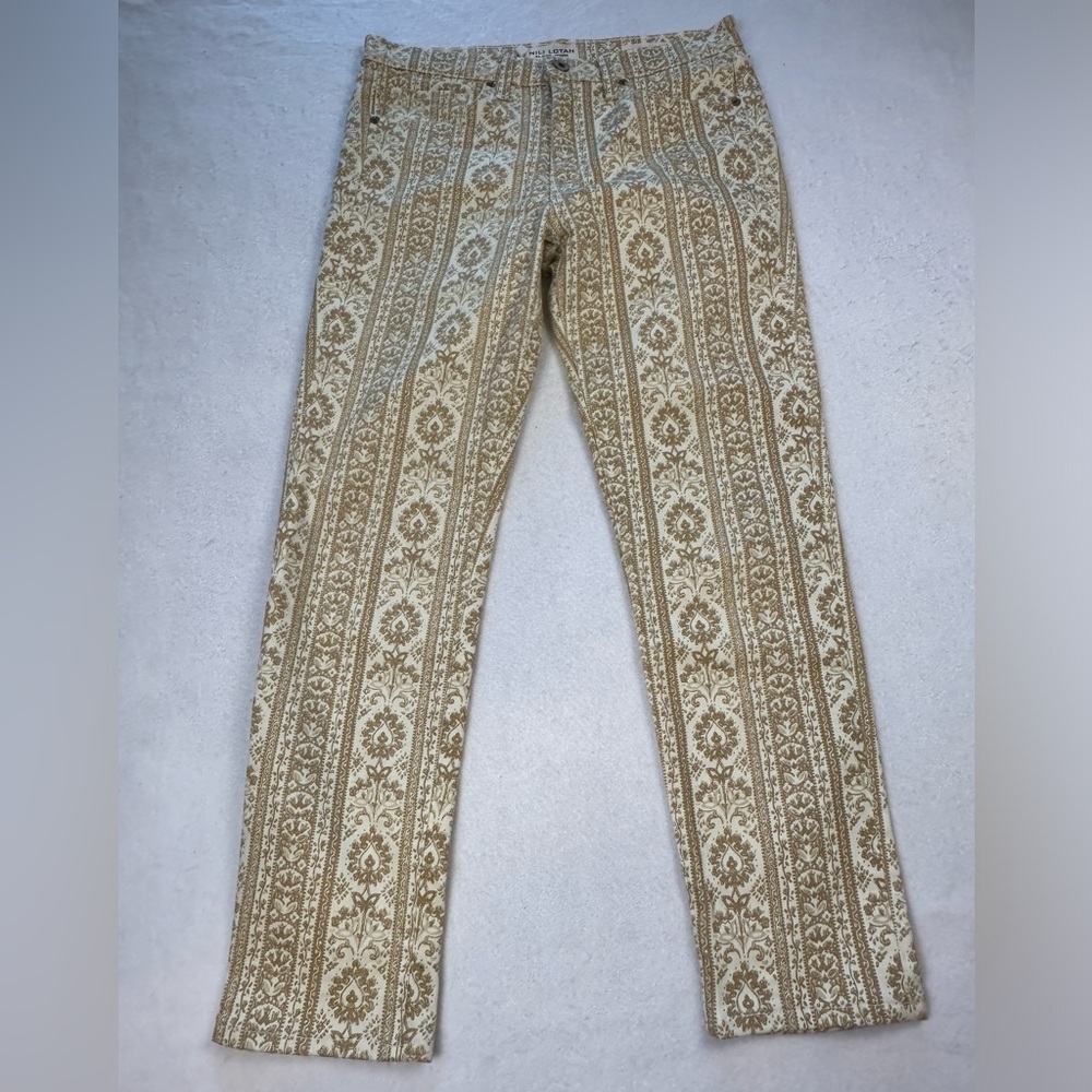 Nili Lotan Cream and Tan Patterned Ankle Pants